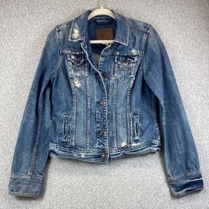 Vtg Abercrombie & Fitch distressed denim trucker jacket jr L grunge Y2K